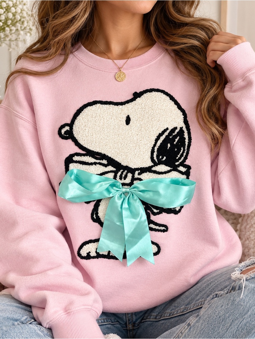 Peanuts Pink Snoopy Sweatshirt with Aqua Bow Accent